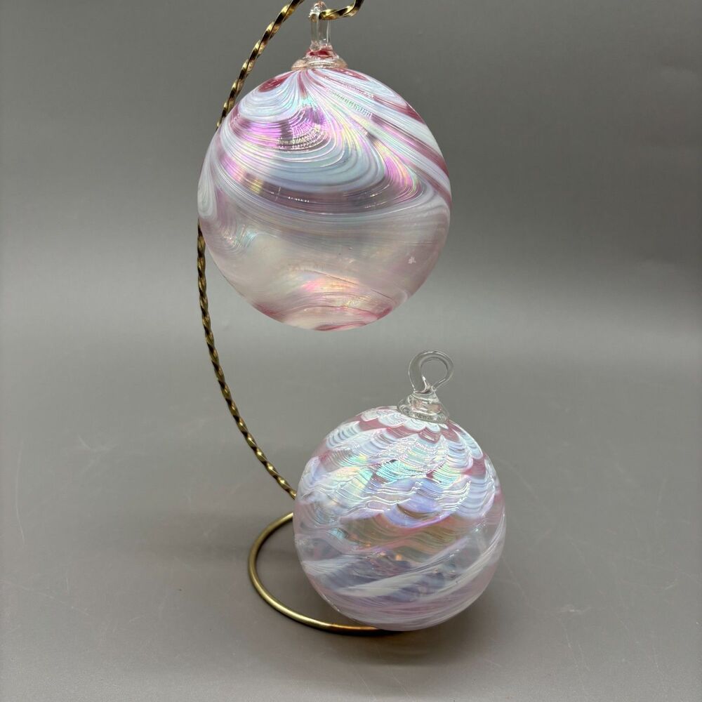 Vintage Hand Blown Art Glass Christmas Ornaments Pink Iridescent Swirl Balls (2)